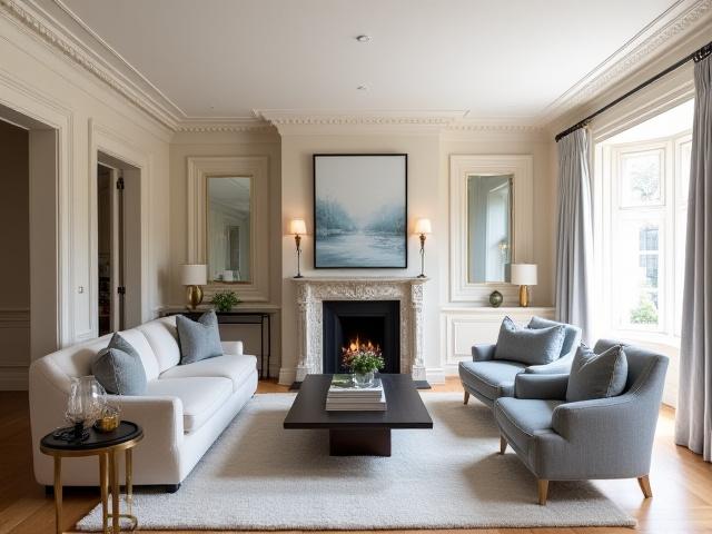 Elegant living room in a Mayfair Residence project, showcasing classic and contemporary design.